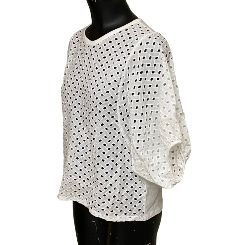 Zara White Cotton Eyelet Puff Sleeve Top Size Small